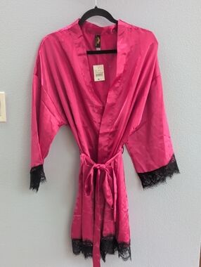 Just Sexy Lingerie Hot Pink Satin Robe with Black Lace Trim